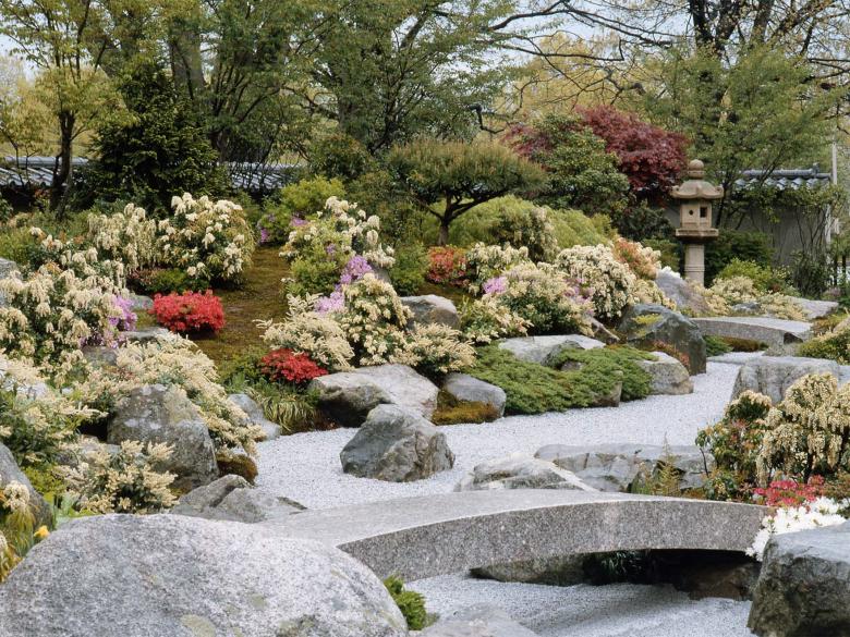 Wide view of Japanese Garden with small stone bridge in foreground