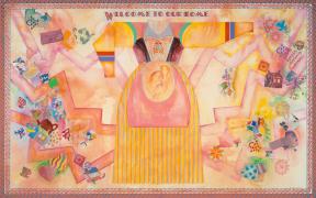 A painting of many small houses, hearts, teapots, and suns, with a large dress in the middle and the saying "Welcome to Our Home" over the dress. 