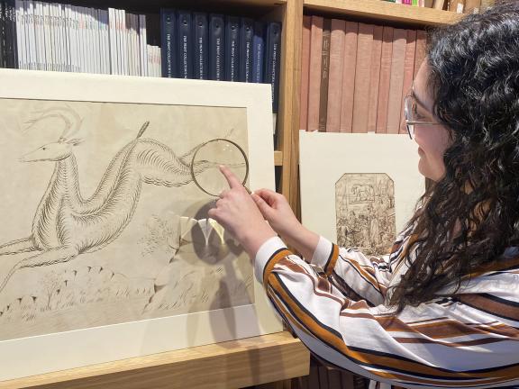 An MFA conservator holds up a magnifying glass to a pen and ink drawing of a leaping stag and focuses on one of the hind legs