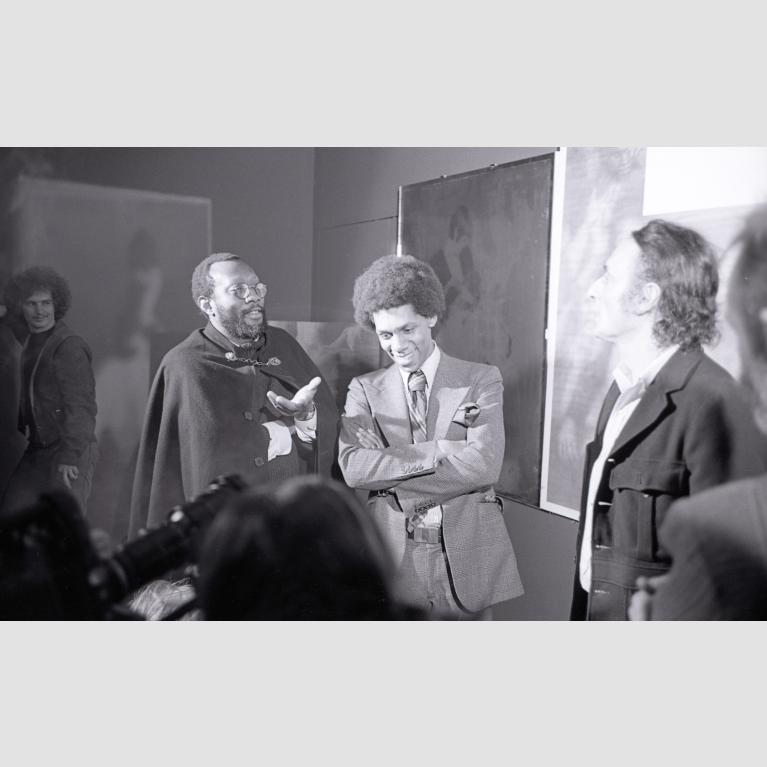 Frank Bowling and others at the opening of "Some American History" at the Menil Collection in Houston, Texas.