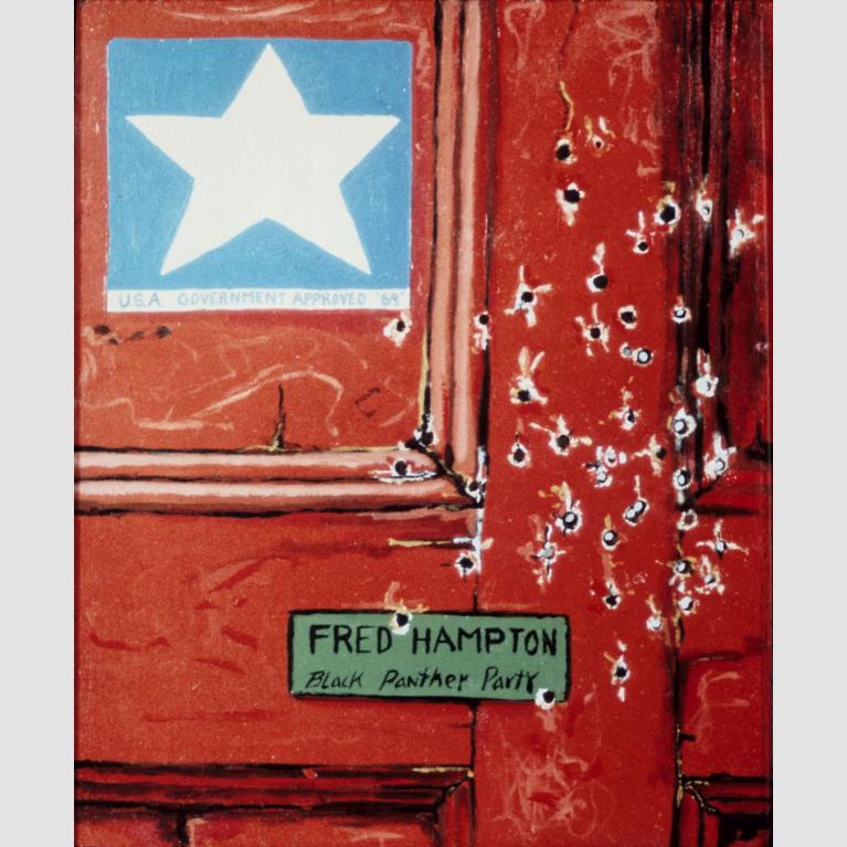 Closeup of a door painted red with a bullet holes.