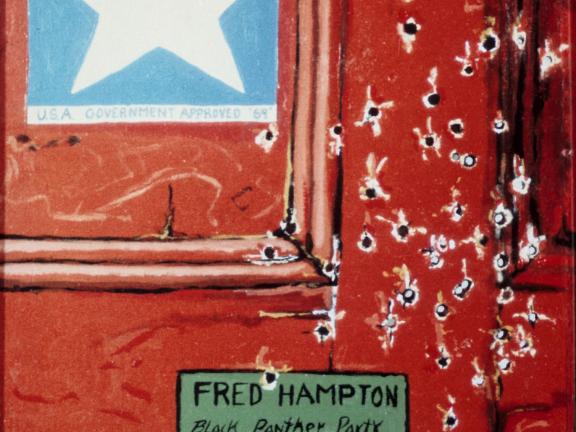 Closeup of a door painted red with a bullet holes.