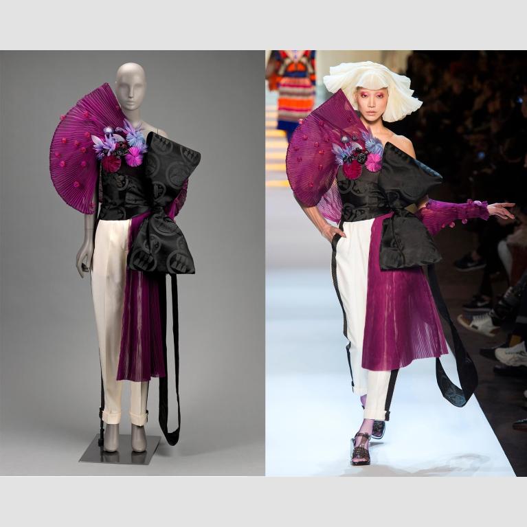 A composite image of a purple, black, and white gown on the left and a model with short blond hair modeling the same gown on a runway on the right. 