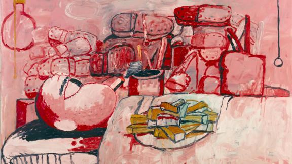 detail of cartoon man lying in bed smoking a cigarette with a plate of food on top of the bed and shoes stacked on top of each other in the background