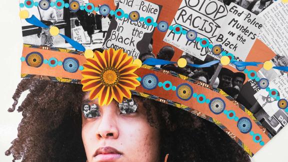 A person with a brightly colored headband and various images of people and protest signs coming out of the top of their head.