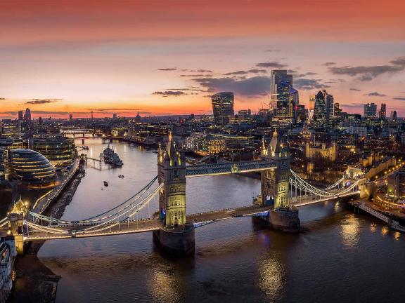 Panoramic, aerial view to the illuminated cityscape of London stock photo