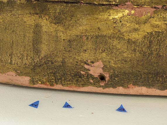 Detail of locations on the Lion Rampant tested with various consolidants