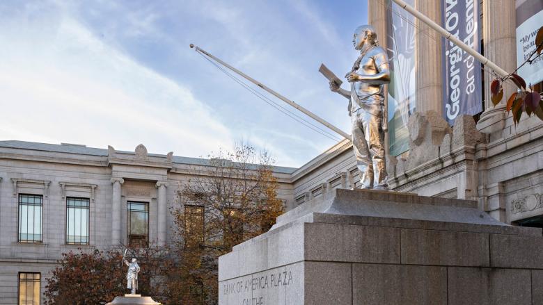 View from right side of Huntington Avenue Entrance, with silver sculptures from Alan Michelson's The Knowledge Keepers installation in foreground and background