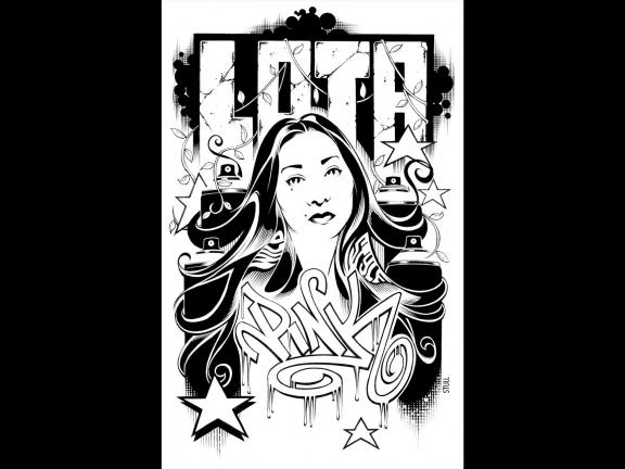 Black and white illustration of Lady Pink by Rob Stull