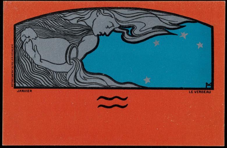 Henri Meunier (Belgian, 1873–1922), April, The Bull, from the Signs of the Zodiac, 1898. Color lithograph with metallic pigment on card stock. Leonard A. Lauder Postcard Archive. Gift of Leonard A. Lauder. 