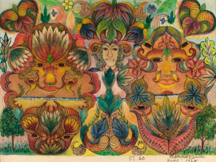 A surreal and colorful landscape with faces and flora.