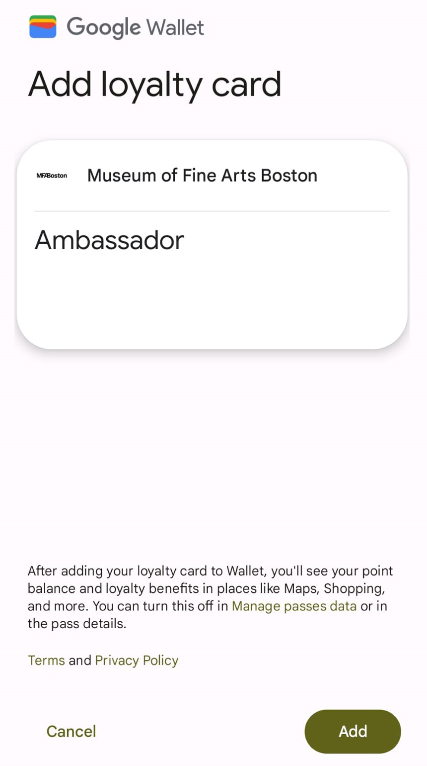 Google Wallet screen with rendering of MFA digital member card in the middle and Add button on the bottom right corner