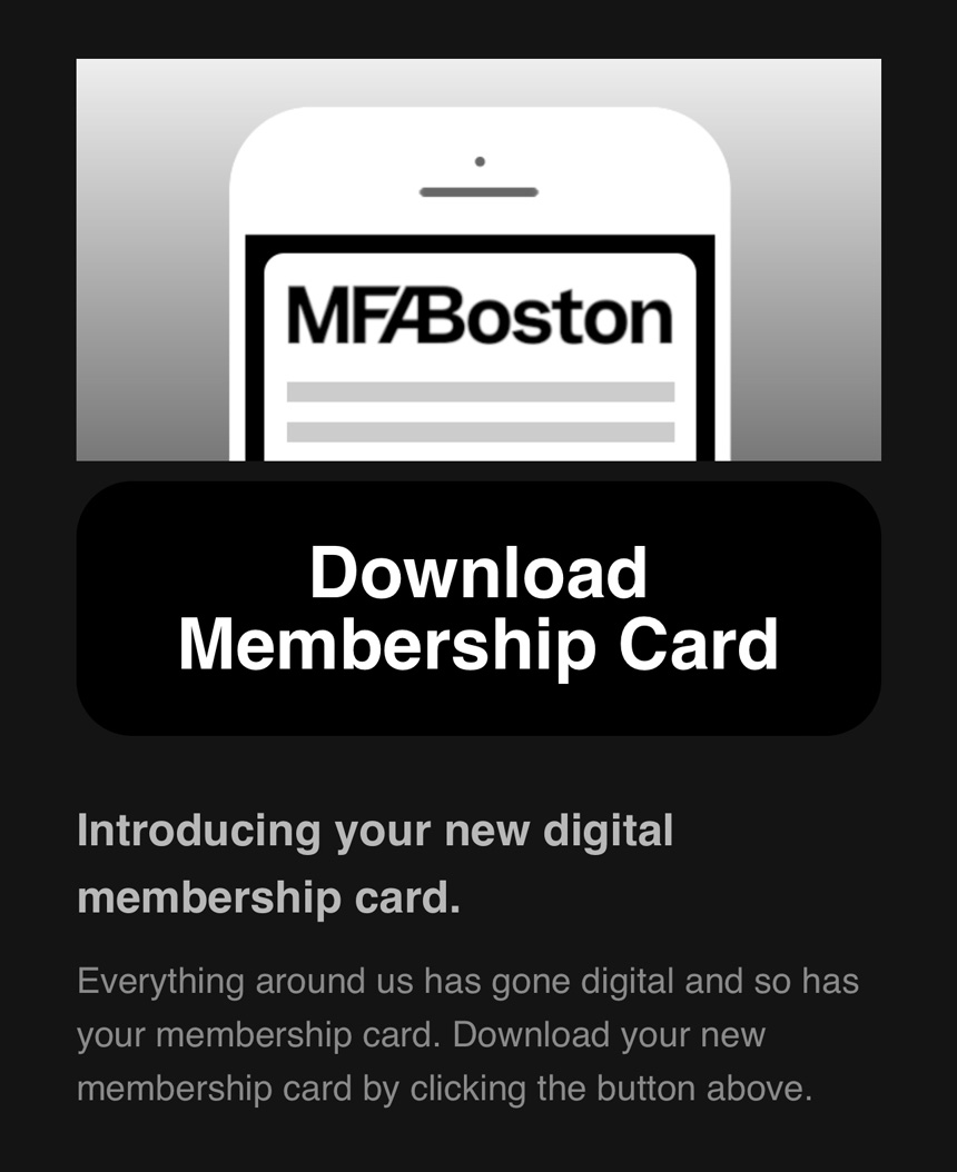 Screenshot of MFA Membership welcome-email, with Download Membership Card button in the middle