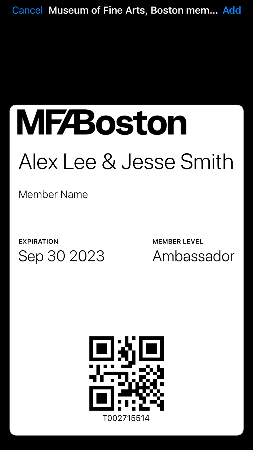 View of MFA digital membership card with Add button and name of member at top and QR code at bottom