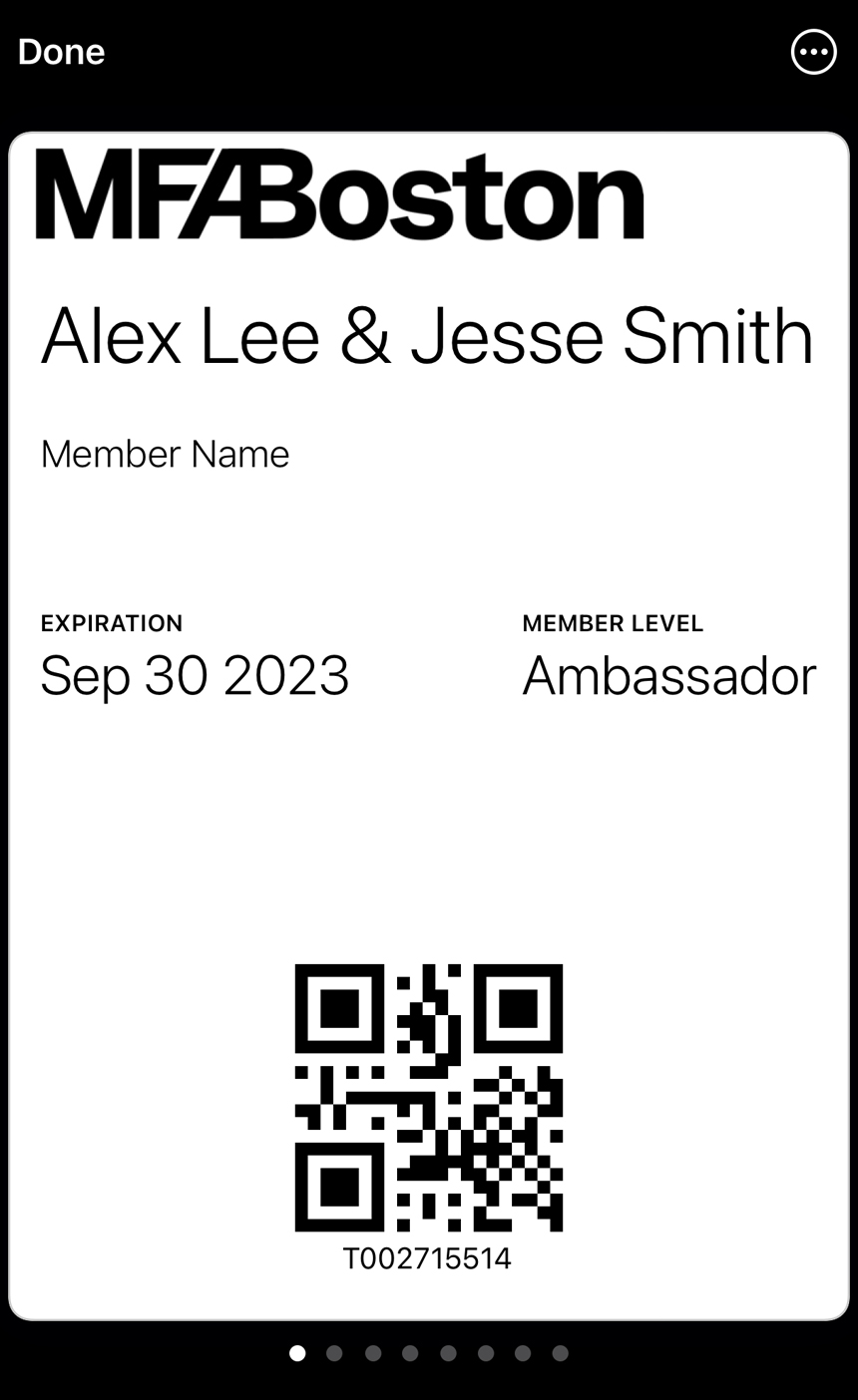 MFA digital member card with MFA logo at the top, followed by member names, expiration date, membership level, and QR code