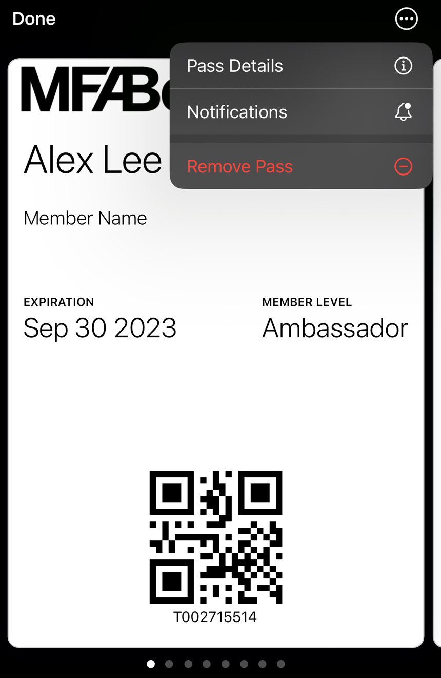 MFA digital member card with flyout menu open revealing Pass Details and Notifications options
