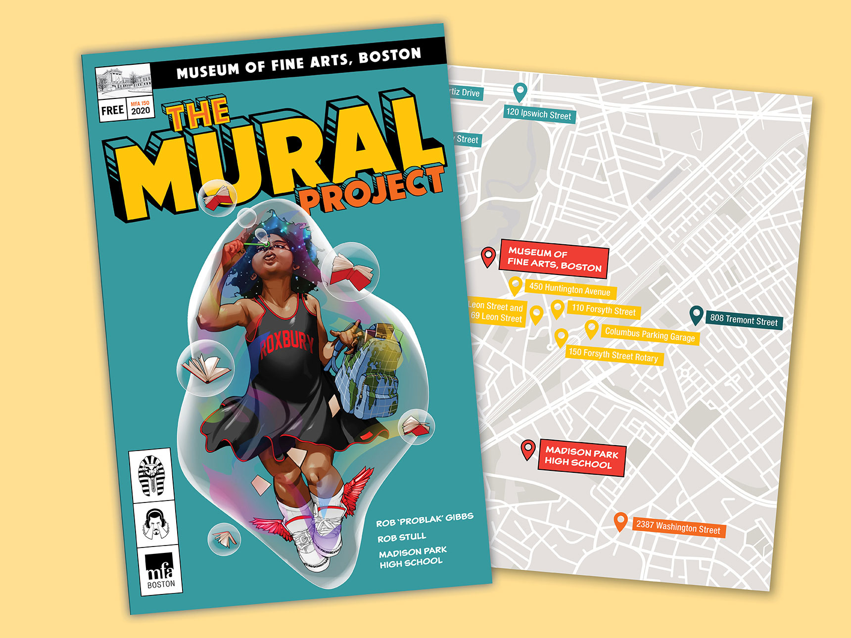 cover of Mural Project guide next to map of mural sites