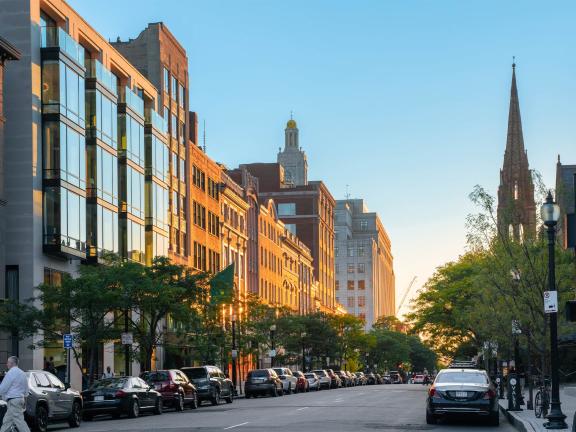 A photo of Newbury Street in Boston, Massachusetts.