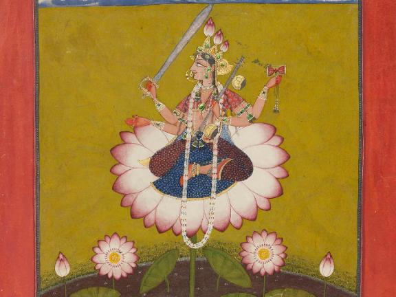 Unidentified Pahari artist, Devi Enthroned, Punjab Hills, Northern India, 1660–70; with additions in 1800