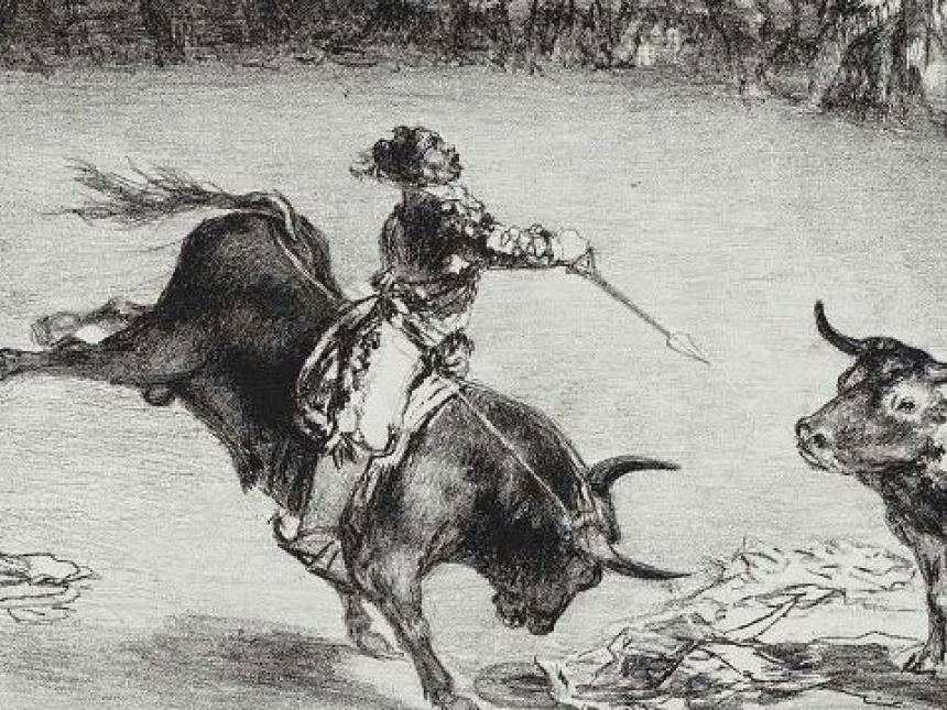 Detail of Goya's lithograph, El Famoso Americano, Mariano Ceballos