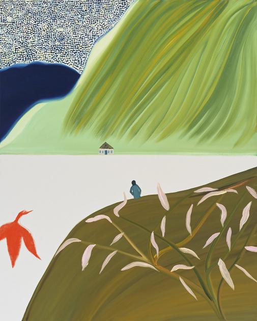 Matthew Wong, See you on the Other Side ​​​​​​​(detail), 2019: a small, dark figure sits on a hillside and stares off in the distance at a house in front of a large green mountain that scales upward and out of frame.