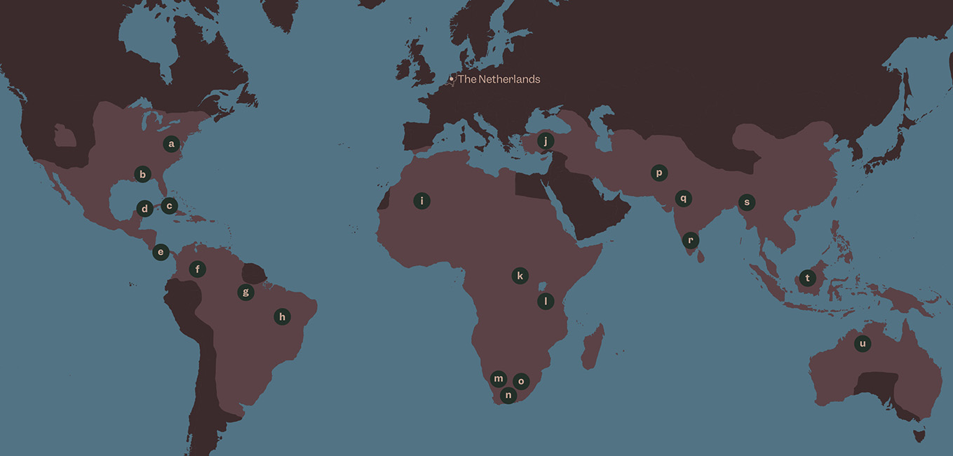 world map with points throughout labeled with letters