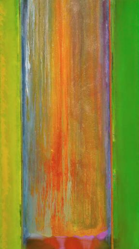 An abstract painting with yellow, orange, and green vertical panels with dripping paint.