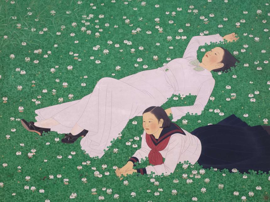 Painting depicting two women lying down on field covered with small white flowers; woman on left wearing long white dress; woman on left wearing red scarf over white blouse with navy skirt