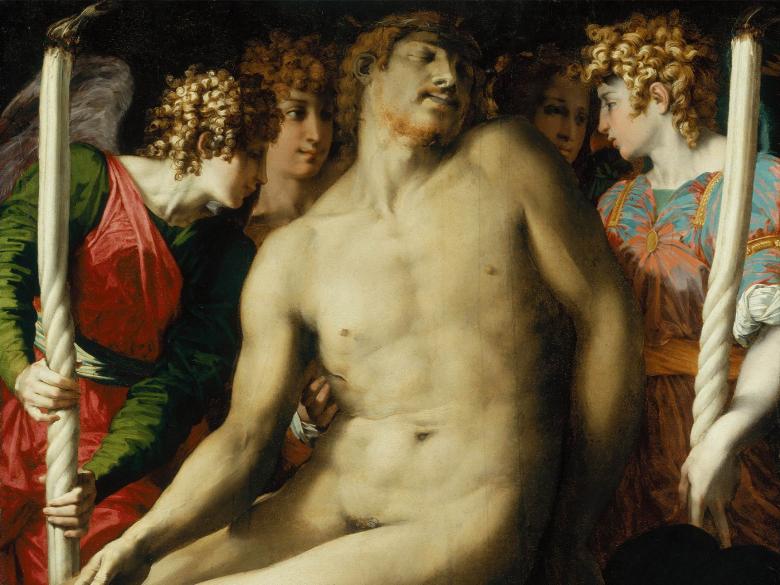 A painting of a nude, dead Christ supported in the arms of four angels