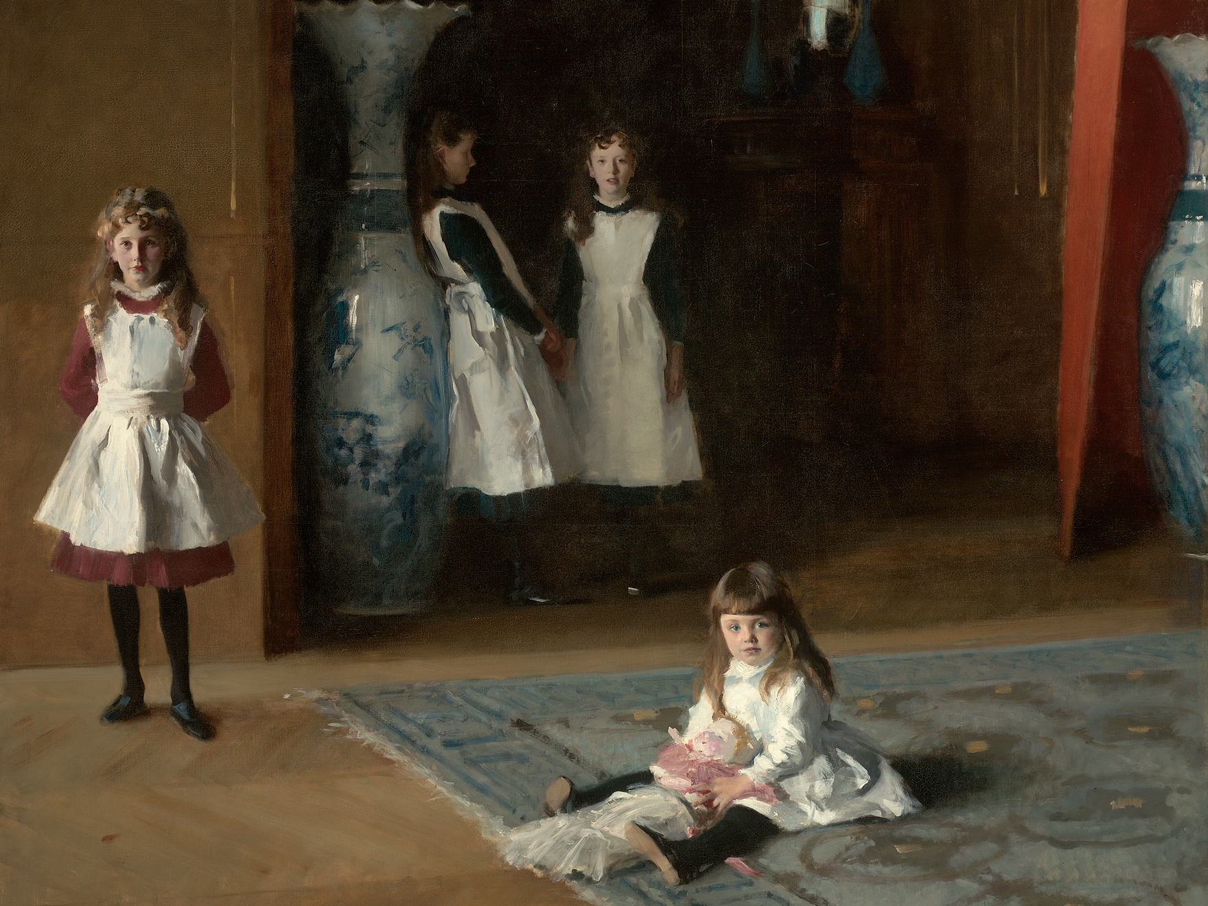 Sargent painting depicting four sisters; two standing in background against tall vase; one standing on left; youngest one sitting on carpet, holding doll