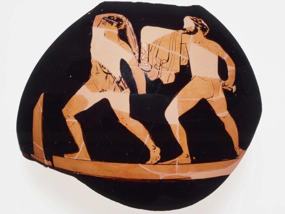 Harmodios and Aristogeiton are depicted rushing to left; plastic decorations used on swords, scabbards and fillets.