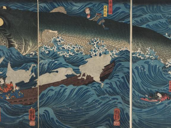 A triptych woodblock print of a large sea monster attacking a small boat with three passengers while about nine angel-like figurers try to help the passengers in crisis. 