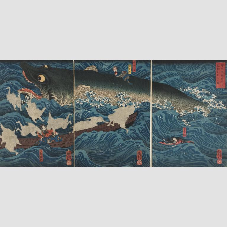 A triptych woodblock print of a large sea monster attacking a small boat with three passengers while about nine angel-like figurers try to help the passengers in crisis. 