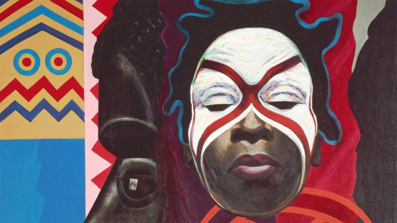 detail of painting of figure wearing mask, with African tribal sculpture behind it, and various patterns in the background