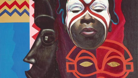 detail of painting of figure wearing mask, with African tribal sculpture behind it, and various patterns in the background