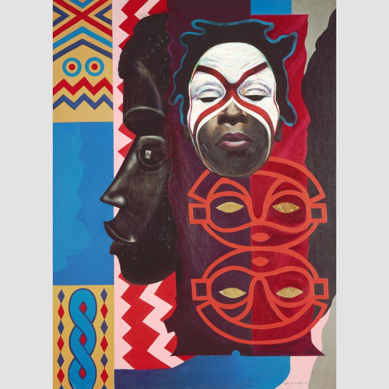 Painting of figure wearing mask, with African tribal sculpture behind it, and various patterns in the background