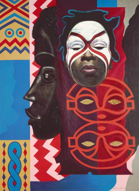 A figure wearing mask, with African tribal sculpture behind it, and various patterns in the background