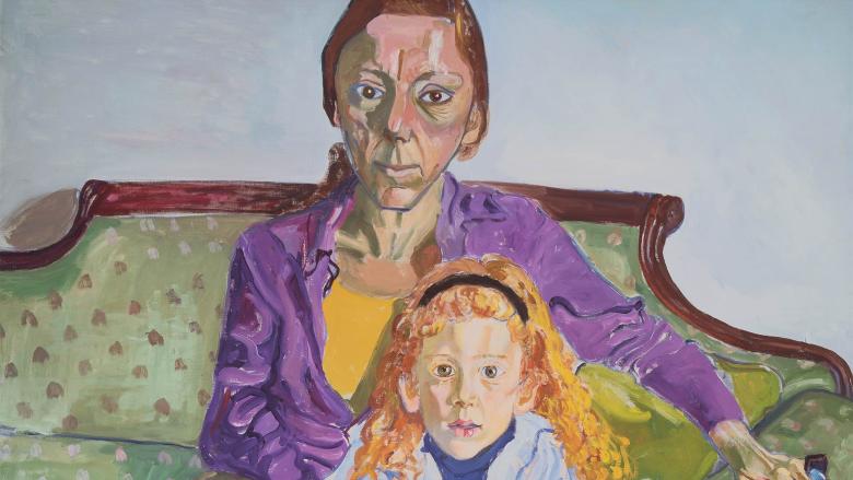 Painting depicting a woman and child sitting on a green couch.