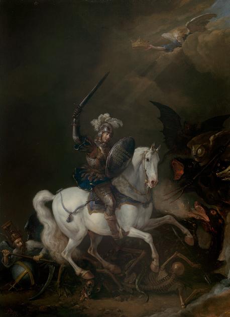 A knight astride a horse raises his sword before a group of monsters.