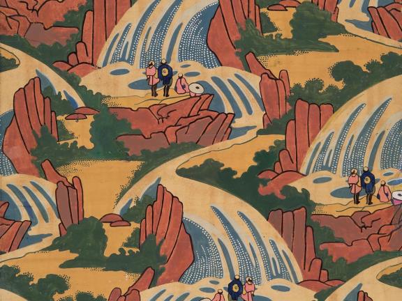 A watercolor painting of repeated cascading waterfalls and a repeated group of people viewing them.