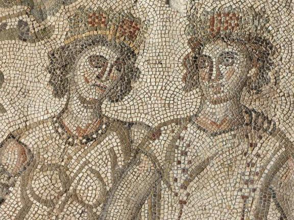 detail of Byzantine mosaic depicting two figures said to be the personification of Pleasure and Wealth