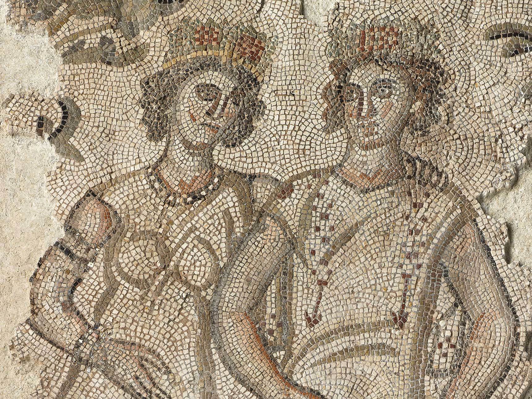 Detail of Byzantine mosaic depicting two figures said to be the personfication of Pleasure and Wealth