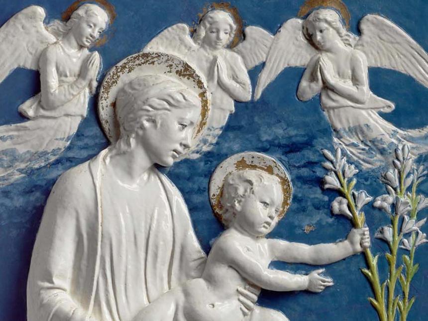 Detail of ceramic, Virgin and Child with Lilies, attributed to Luca della Robbia