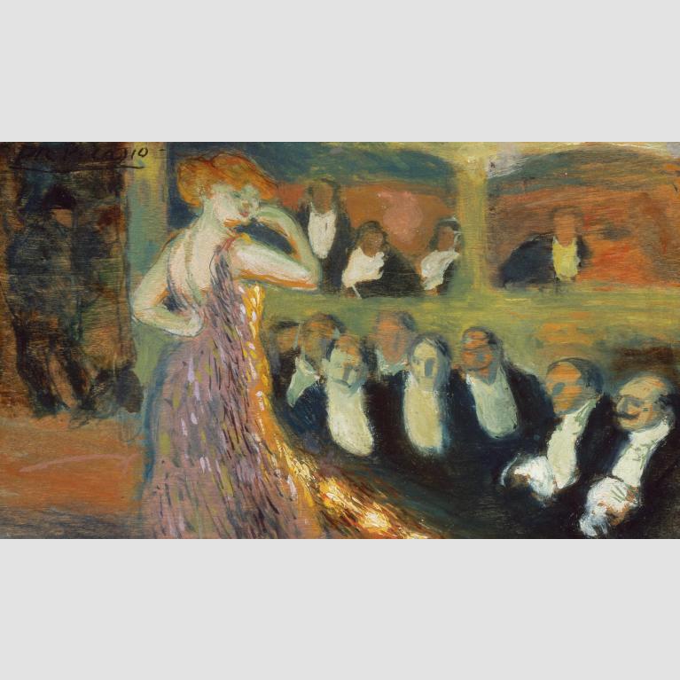A painting of a woman singing and performing for a crowd.