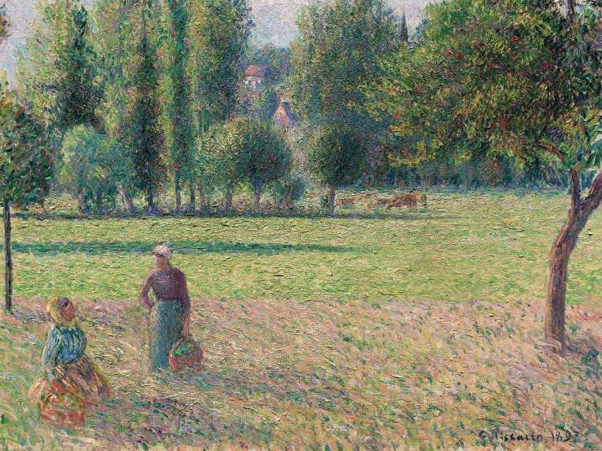 Detail of Camille Pissarro's painting, Two Peasant Women in a Meadow (Le Pré)