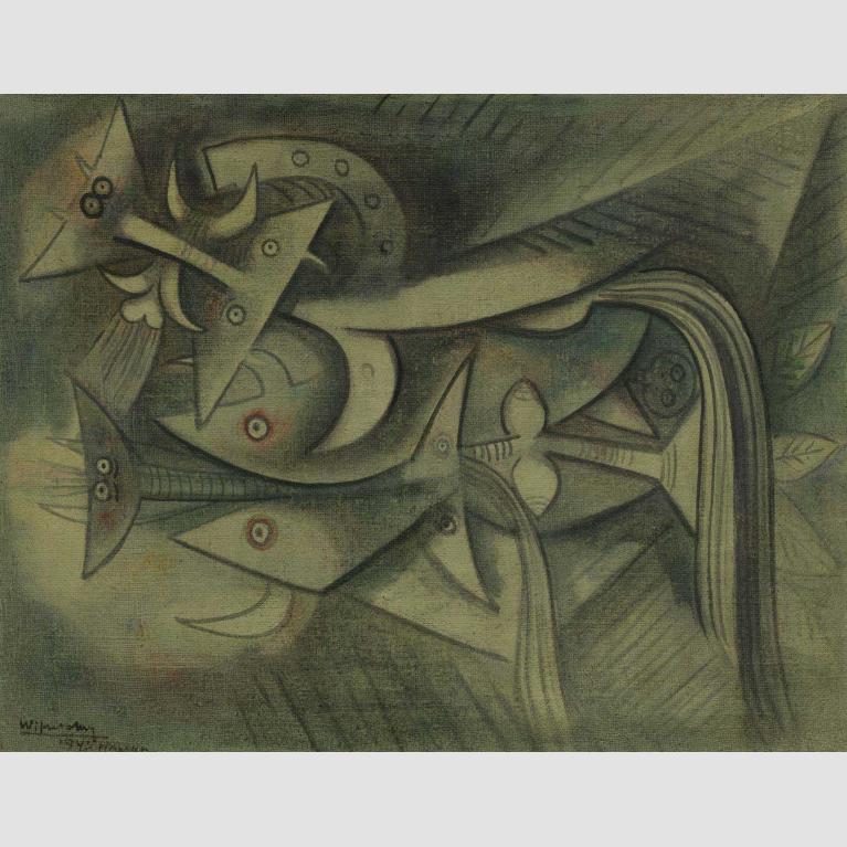 A painting of intertwining, cubist, imaginative sea creatures, flora, and a horeshoe. 