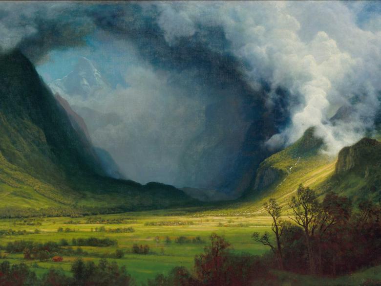 painting of a landscape of mountains and a storm