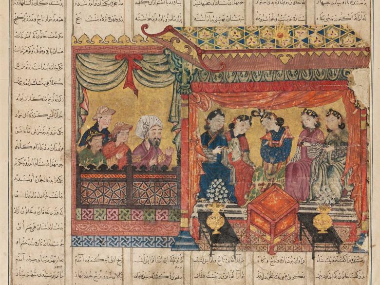 Detail of ink drawing depicting Mihran Sitad choosing one of the Khagan's five daughters