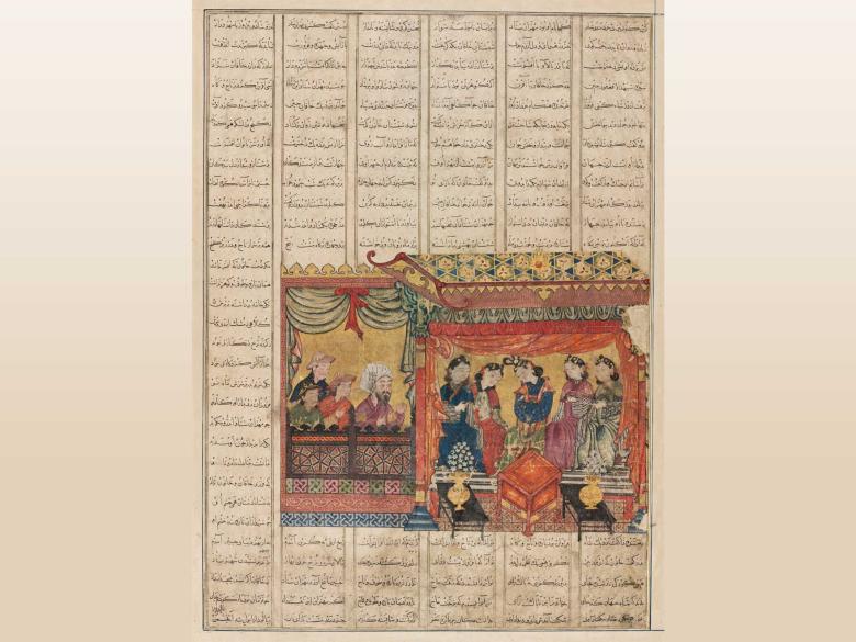 Ink drawing depicting Mihran Sitad choosing one of the Khagan's five daughters