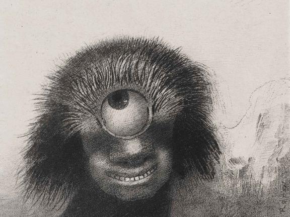 A drawing of a hairy, smiling humanoid creature with one large eye in the middle of its forehead instead of two smaller ones. 